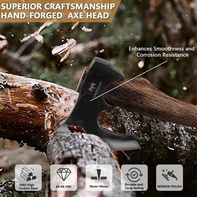 DWFKHT Hatchet, 15.7" Camping Axe with Leather Sheath, Bushcraft Axe with 1065 Carbon Steel & Beech Handle, Survival Hatchet for Wood Splitting and Chopping - Perfect for Gardening and Outdoor - Image 4